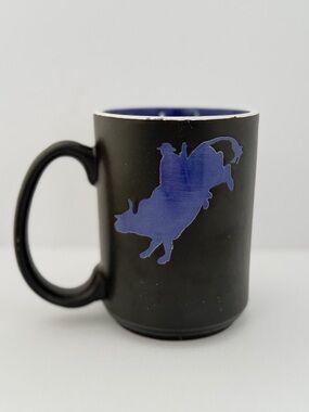 M&F Western Moments Cowboy Bull Rider Coffee Mug Black W/ Blue Bull Rider Print